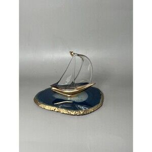 Glass Baron Sailboat Figurine Blue Agate Base Gold Trim Nautical Decor Gift